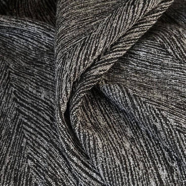 Italian Black Window Curtain fabric fold texture shot, herringbone jacquard chenille drape detail, full blackout dark bedroom curtain