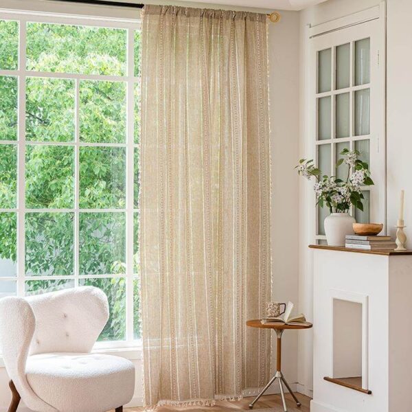 Beige Textured Rod Pocket Curtain, 100% Polyester Neutral Light Filtering Drape with Side Tassels, Curtain Rod Not Included