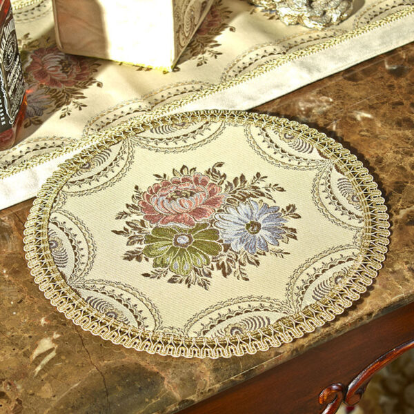 European Floral Round Doily, Hollow Lace Trim Polyester Vintage Beige Floral Decor Table Mat