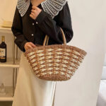 Sage Green Color Block Straw Tote Bag Capacity Demonstration Woven Beach Bag