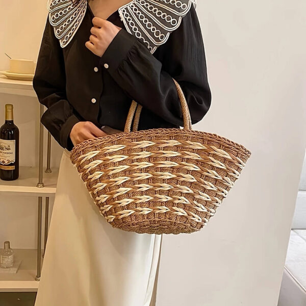 Sage Green Color Block Straw Tote Bag Capacity Demonstration Woven Beach Bag