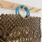 Dark Brown Hollow Knit Straw Handbag Wooden Hook Indoor Daily Outfit Shot