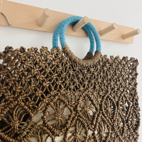Dark Brown Hollow Knit Straw Handbag Wooden Hook Indoor Daily Outfit Shot