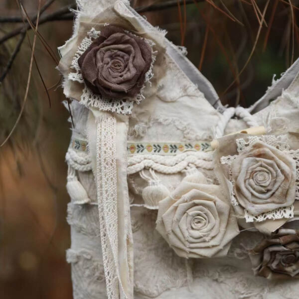 Vintage Handmade Tote Bag Close Up, Distressed Wasteland Hand Sewn 3D Dark Rose Lace Detail