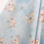 Light Blue Kitten Fabric Mid Drape Texture View, Cute Cat Butterfly Woven Fabric
