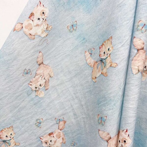 Light Blue Kitten Fabric Mid Drape Texture View, Cute Cat Butterfly Woven Fabric