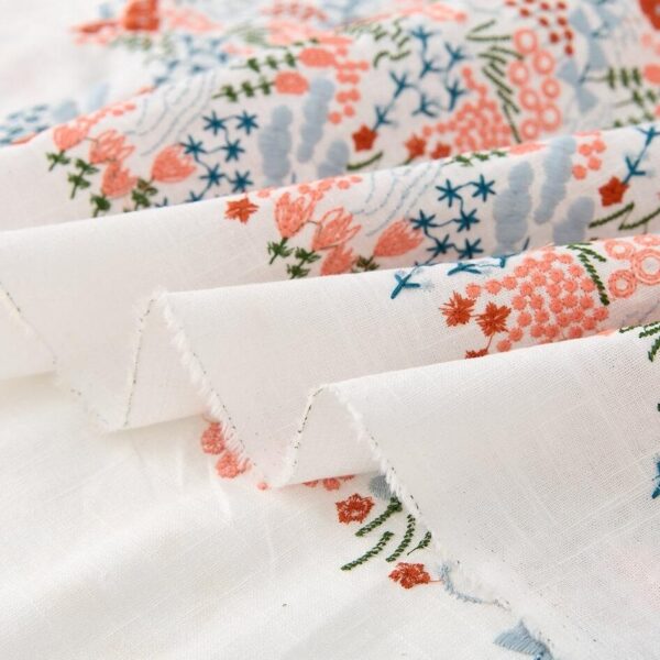 Off White Starry Embroidery Linen Fabric Soft Wrinkle Drape Sample, Floral Embroidered Summer Sewing Cloth