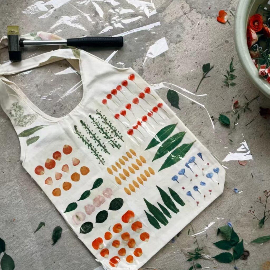 Hand pounded natural plant print cotton linen kitchen apron, eco friendly handmade DIY textile for home cooking
