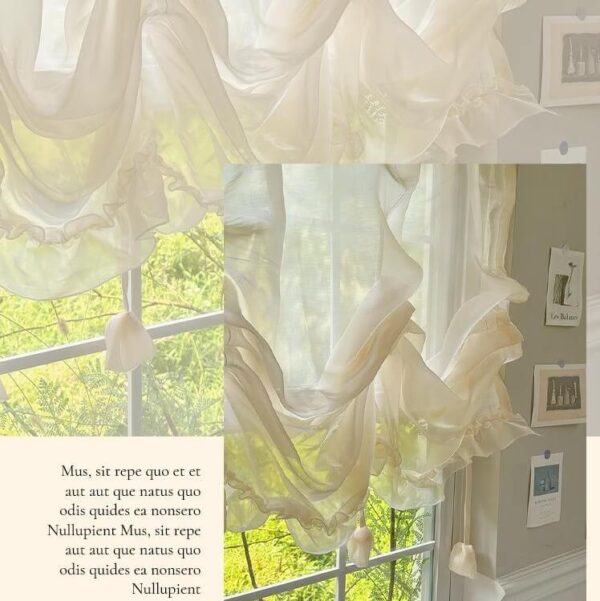 Jelly Sheer Roman Curtain side view home display, beige lace trim pull up sheer window curtain