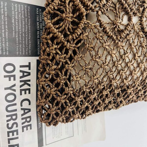 Close Up Dark Brown Hollow Diamond Knit Straw Bag Weave Texture Detail