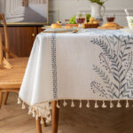 Close Up Blue Leaf Wheat Embroidery Waterproof Linen Tablecloth Tassel Edge Detail