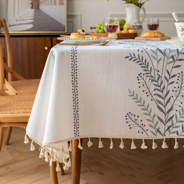 Close Up Blue Leaf Wheat Embroidery Waterproof Linen Tablecloth Tassel Edge Detail