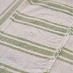 Green Farmhouse Ruffled Striped Tablecloth Fabric Texture Close Up, Linen Blend Horizontal Stripe Detail, Washable Dining Table Linen