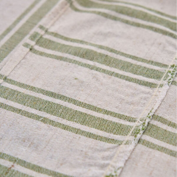 Green Farmhouse Ruffled Striped Tablecloth Fabric Texture Close Up, Linen Blend Horizontal Stripe Detail, Washable Dining Table Linen