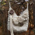 Vintage Handmade Tote Bag, Front View Distressed Wasteland 3D Fabric Rose Lace Decor Crossbody Bag