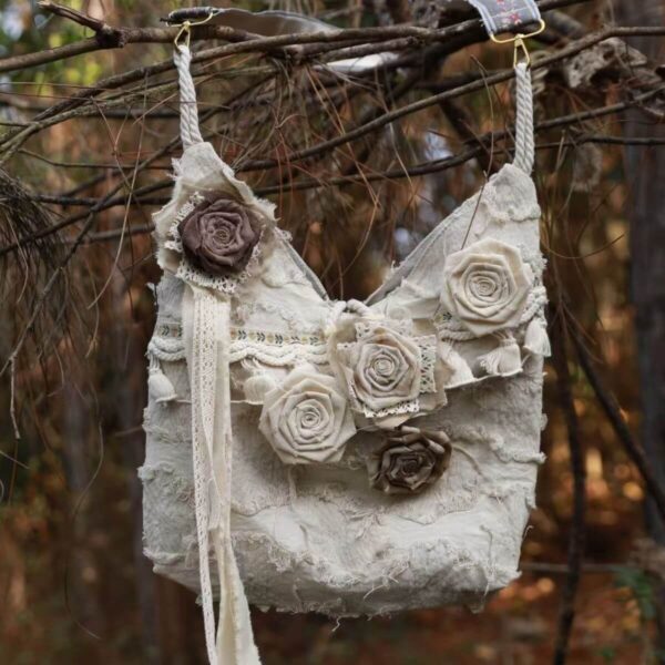 Vintage Handmade Tote Bag, Front View Distressed Wasteland 3D Fabric Rose Lace Decor Crossbody Bag