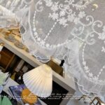 Lace Ruffled Cafe Curtain close-up shot, vintage white floral embroidered sheer curtain with layered ruffled hem, free self-adhesive tape included, curtain rod not included
