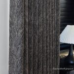 Italian Black Window Curtain real bedroom scene shot, 59×106 inch herringbone jacquard full blackout curtain beside bedside lamp