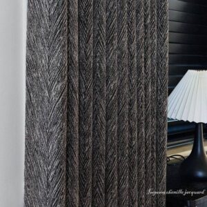 Italian Black Window Curtain real bedroom scene shot, 59×106 inch herringbone jacquard full blackout curtain beside bedside lamp