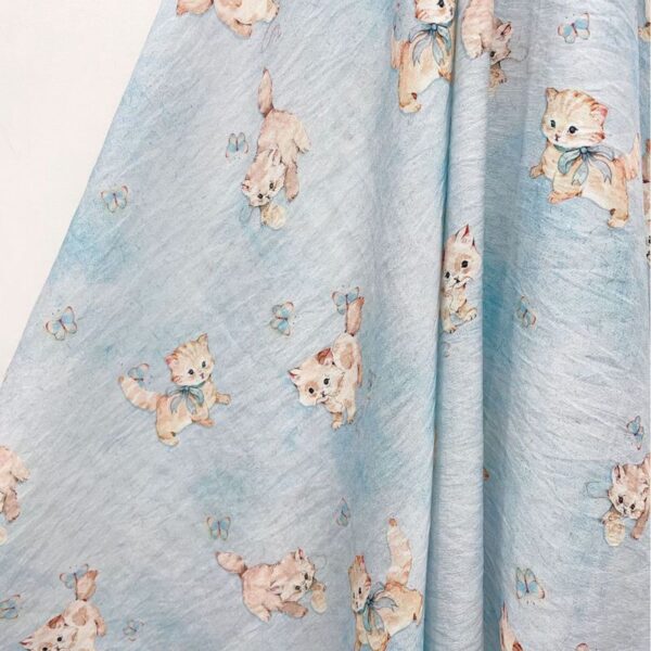 Light Blue Kitten Fabric Soft Hanging Drape Shot, Vintage Cat Print Rayon Spandex Cloth