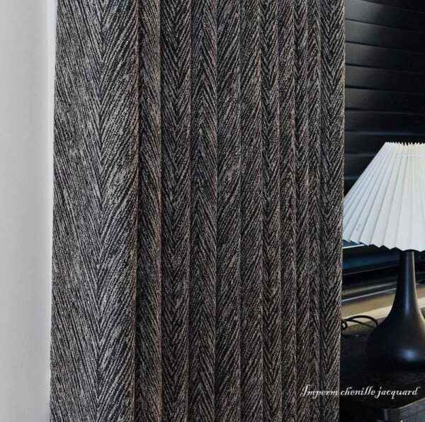 Italian Black Window Curtain real bedroom scene shot, 59×106 inch herringbone jacquard full blackout curtain beside bedside lamp
