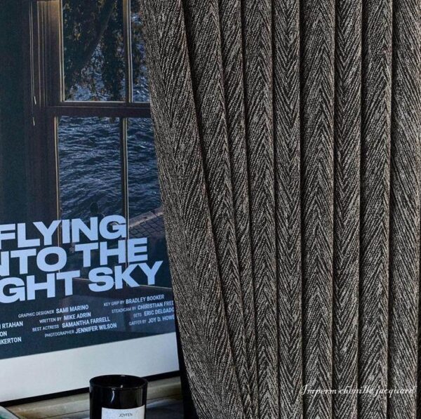 Italian Black Window Curtain full hanging interior shot, 59×106 inch herringbone jacquard chenille full blackout curtain for Italian style bedroom