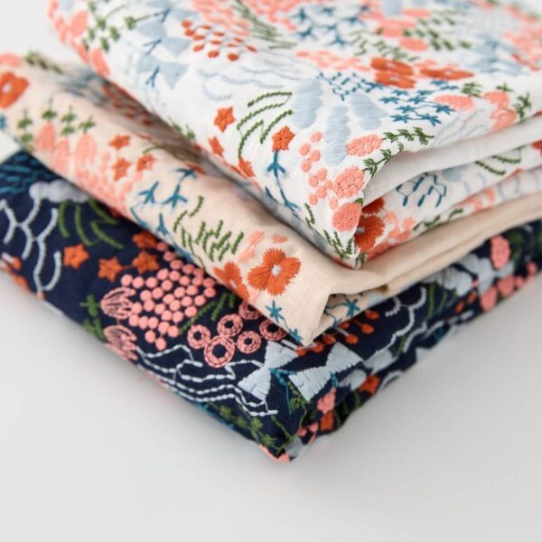 Starry Embroidery Linen Fabric Folded Sample, Heavy 3D Floral Embroidered Linen Cotton Blend for Wedding Dress & Home Decor