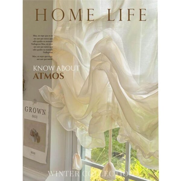 Jelly Sheer Roman Curtain vintage beige pull up sheer curtain with lace hem for kitchen window decor