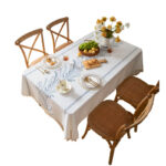 Waterproof Blue Leaf Embroidered Linen Tablecloth Tassel Fringe Farmhouse Dining Scene