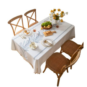 Waterproof Blue Leaf Embroidered Linen Tablecloth Tassel Fringe Farmhouse Dining Scene