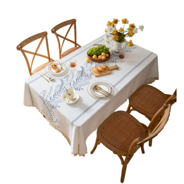 Waterproof Blue Leaf Embroidered Linen Tablecloth Tassel Fringe Farmhouse Dining Scene