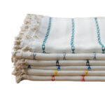 Multi-Color Striped Textured Sheer Curtain Fabric Stack Close Up, All 6 Embroidery Color Options Linen Look Polyester Drape, Rod Not Included