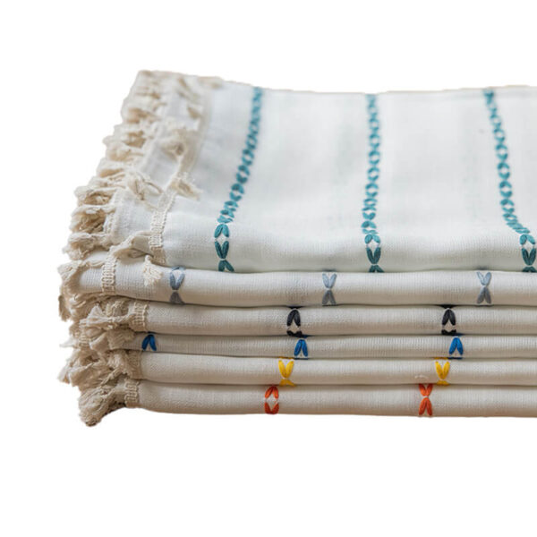 Multi-Color Striped Textured Sheer Curtain Fabric Stack Close Up, All 6 Embroidery Color Options Linen Look Polyester Drape, Rod Not Included