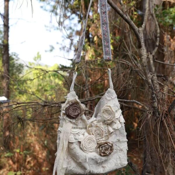 Vintage Handmade Distressed Linen Tote Bag, Wasteland Style Empty Crossbody Shoulder Purse With Decor Strap
