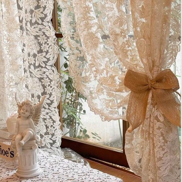 French Lace Sheer Curtain tie-back detail shot, vintage rococo embroidered cream sheer half window curtain, 51–106in stock heights fixed 49in width, farmhouse cottage decor