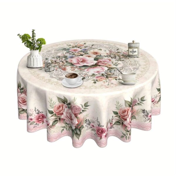 Vintage Pink Floral Round Tablecloth Polyester Decor Dining Table Cover