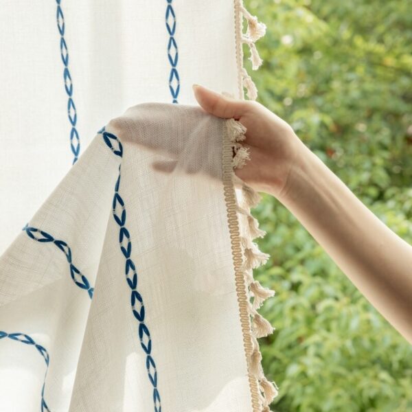Blue White Striped Textured Sheer Curtain Fabric Detail, Linen Look 100% Polyester Embroidered Window Drape, Rod Not Included