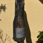 Black Rhinestone Wine Gift Tote, Luxury Nylon Sparkling Wine Carrier Bag with Resin Ring Handle