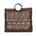 Dark Brown Hollow Knit Straw Tote Bag Front Flat Lay View With Blue Circle Handle