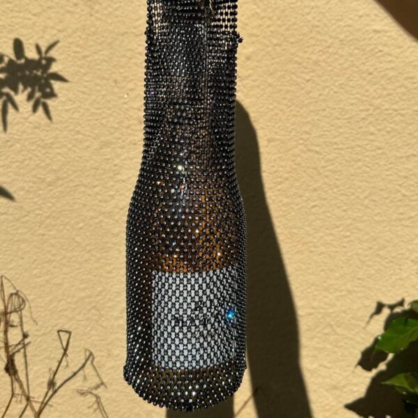 Black Rhinestone Wine Gift Tote, Luxury Nylon Sparkling Wine Carrier Bag with Resin Ring Handle