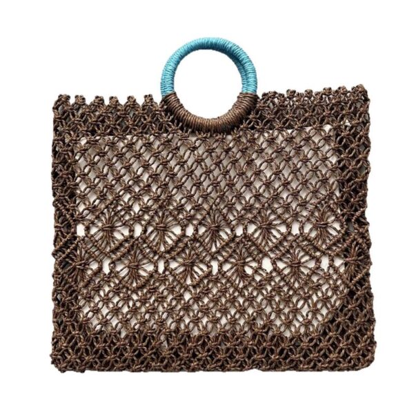 Dark Brown Hollow Knit Straw Tote Bag Front Flat Lay View With Blue Circle Handle