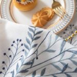Blue Leaf Wheat Embroidered Waterproof Linen Tablecloth Full Side Dining Shot