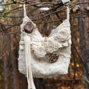 Vintage Handmade Tote Bag, Distressed Wasteland 3D Rose Lace Fringe Crossbody Shoulder Purse Cotton Linen Retro Hobo Bag