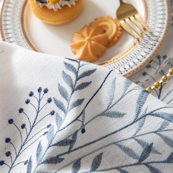 Blue Leaf Wheat Embroidered Waterproof Linen Tablecloth Full Side Dining Shot