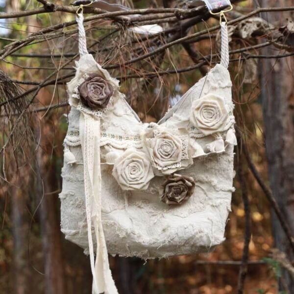 Vintage Handmade Tote Bag, Distressed Wasteland 3D Rose Lace Fringe Crossbody Shoulder Purse Cotton Linen Retro Hobo Bag