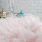 Faux Wool Table Runner Close Up, Soft Shaggy Pink Acrylic Fluffy Fringe Fabric