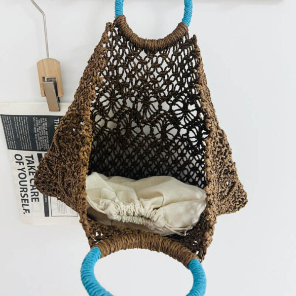 Dark Brown Hollow Knit Straw Handbag Contrast Blue Ring Top Handle Vertical Beach Tote
