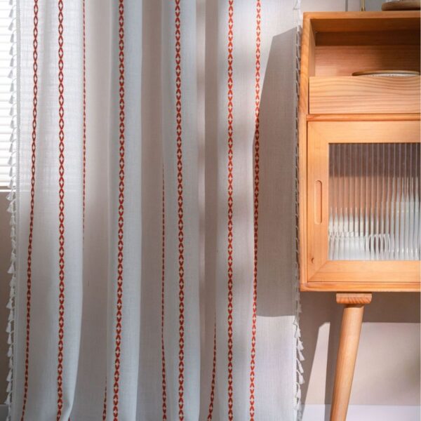 Orange White Striped Textured Sheer Curtain, Linen Look 100% Polyester Embroidered Farmhouse Window Drape, Rod Not Included