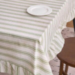 Green Farmhouse Ruffled Striped Tablecloth Tabletop Shot, Vintage Linen Blend Striped Dining Cover, Machine Washable