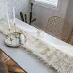 Faux Wool Table Runner, Shaggy Cream White Acrylic Fluffy Dining Table Decor